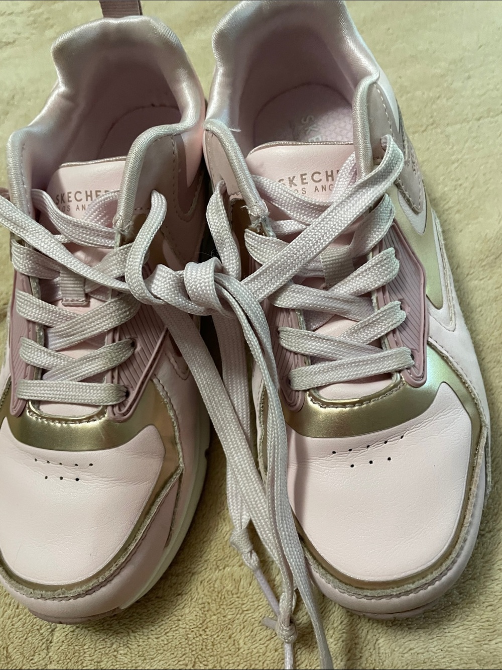 Skechers Blush Pink with Metallic Gold Lace-Up Sneakers